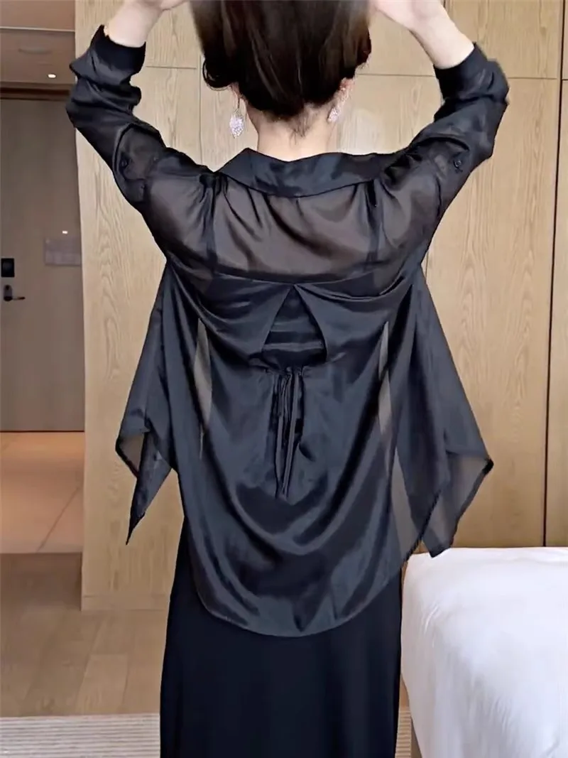 

Women's Summer Thin Sun Protection Shirt with Sleeve Cover Long Sleeve Collar Korean Style Loose Fit Button Detail