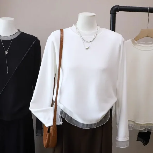 

Long Sve Base irt Women Winter Double Sided Fce Lace Trim Loose Inner Wear T irt Me Patchwork Fake Two Piece roun...