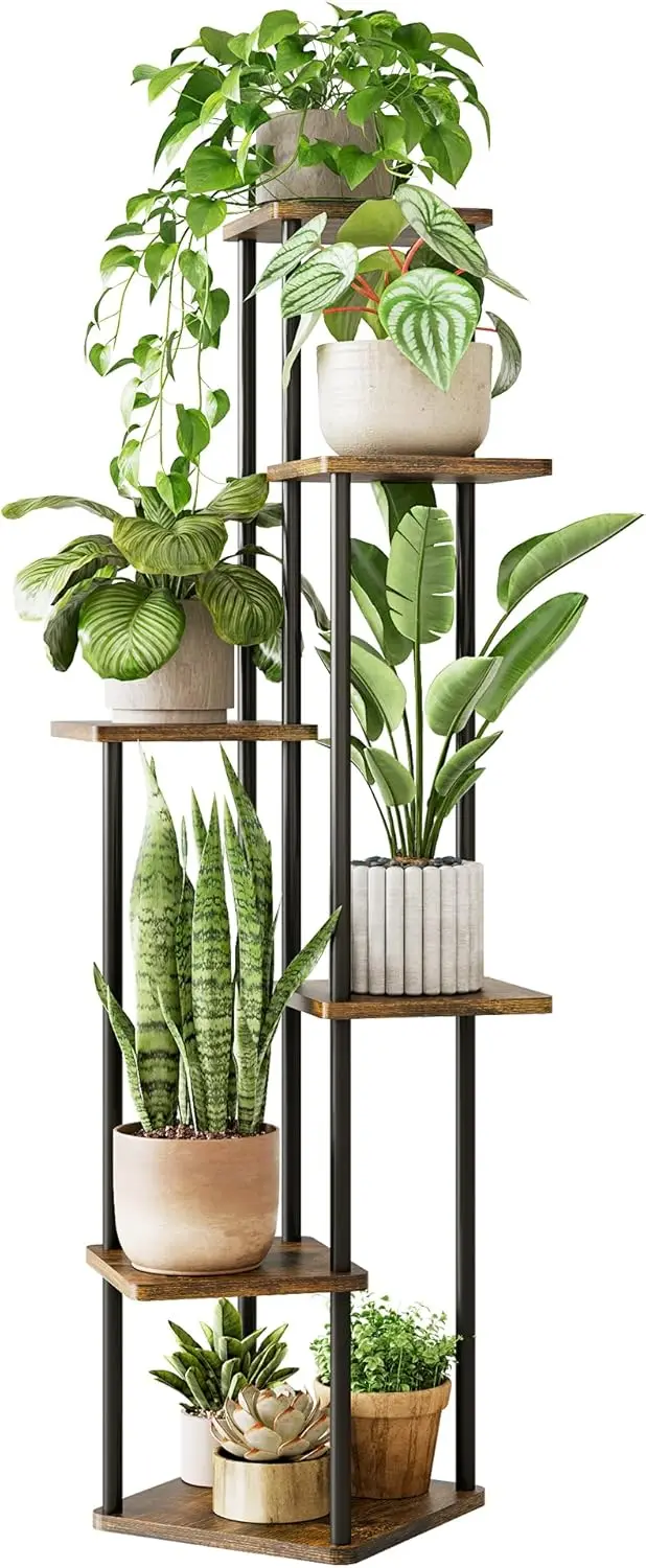 

6-Tier Corner Plant Stand for Indoor Plants, Wood and Metal Shelf for Living Room, Bedroom, Balcony, Brown Oak