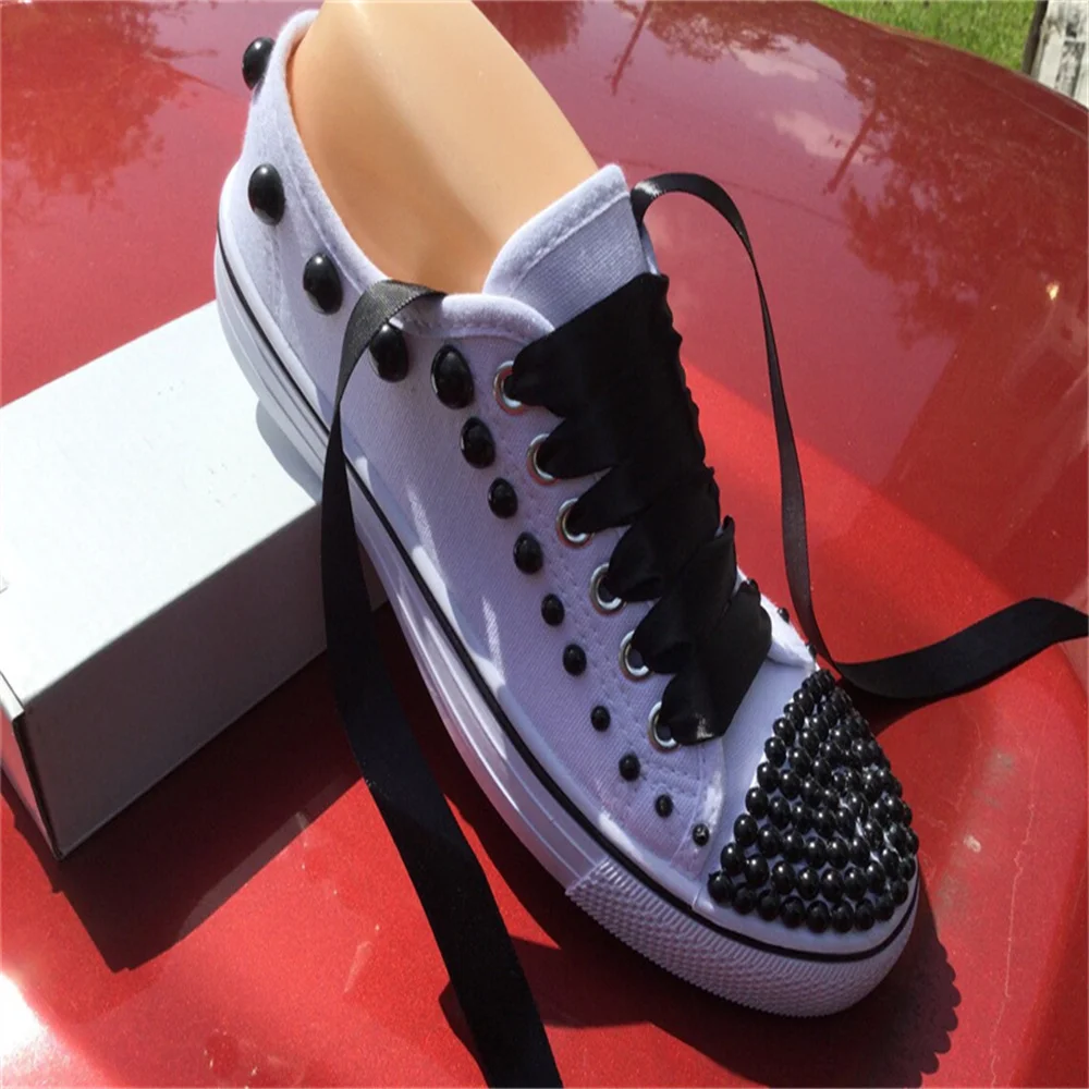 White low top black pearl ribbon custom style canvas shoes integrated sports casual shoes women\'s shoes 35-46