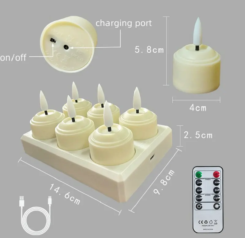 ثلاثية الأبعاد الفتيل LED الشاي ضوء قابلة للشحن التحكم عن بعد ث/المؤقت الخفقان الدافئة الأبيض عديمة اللهب الشموع ث/محطة شحن كابل يو اس بي