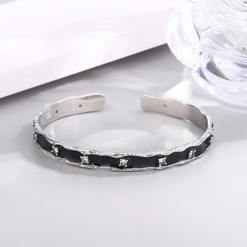 

925 Sterling Silver Bracelet Bangle Black Wavy Clear CZ Irregular Punk For Woman Girl Fashion Jewelry Gift Dropship Wholesale