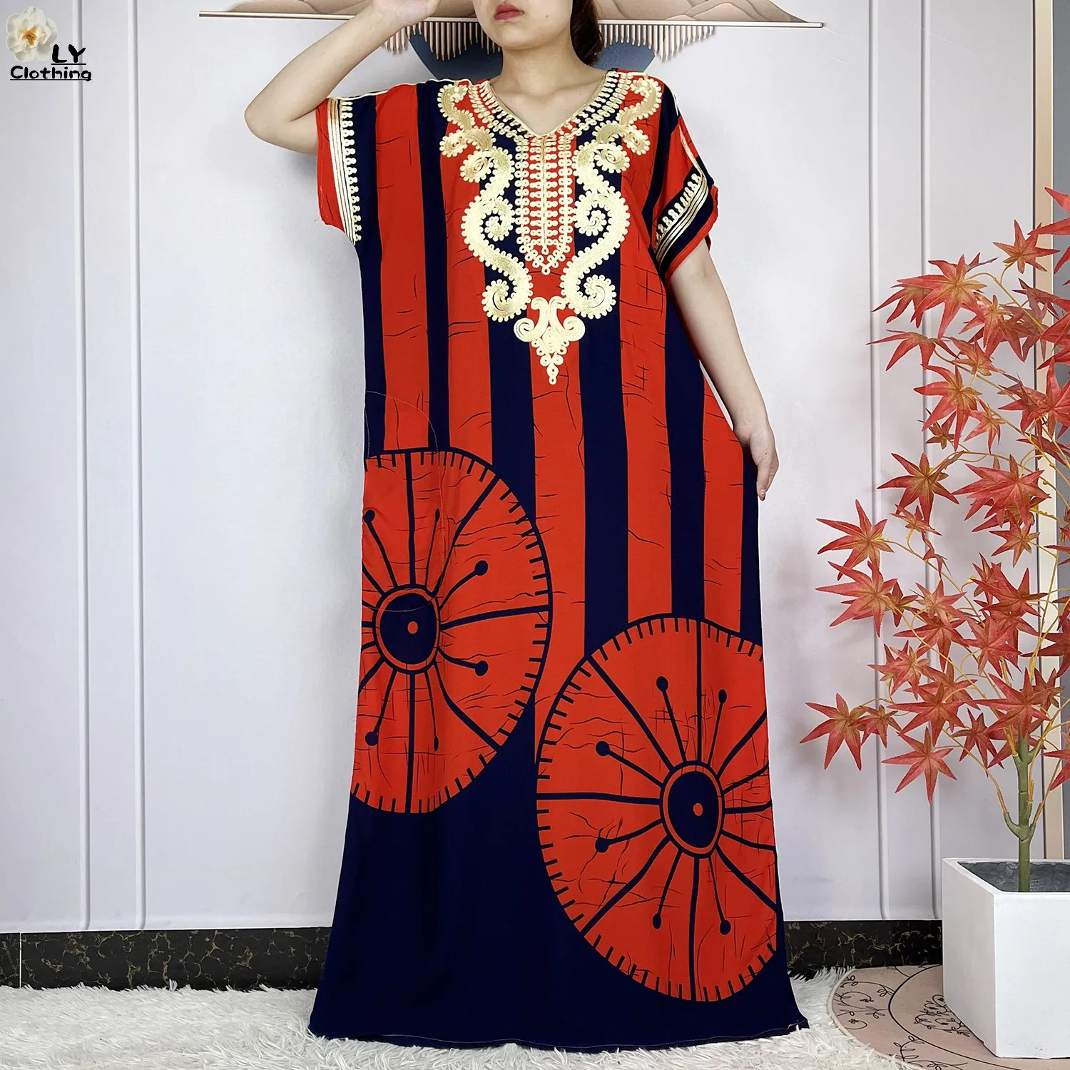 2024 Latest Style African Women Summer Short Sleeve Dubai Kaftan Stripe Printed Cotton Maxi Muslim Femme Loose Abaya Clothing