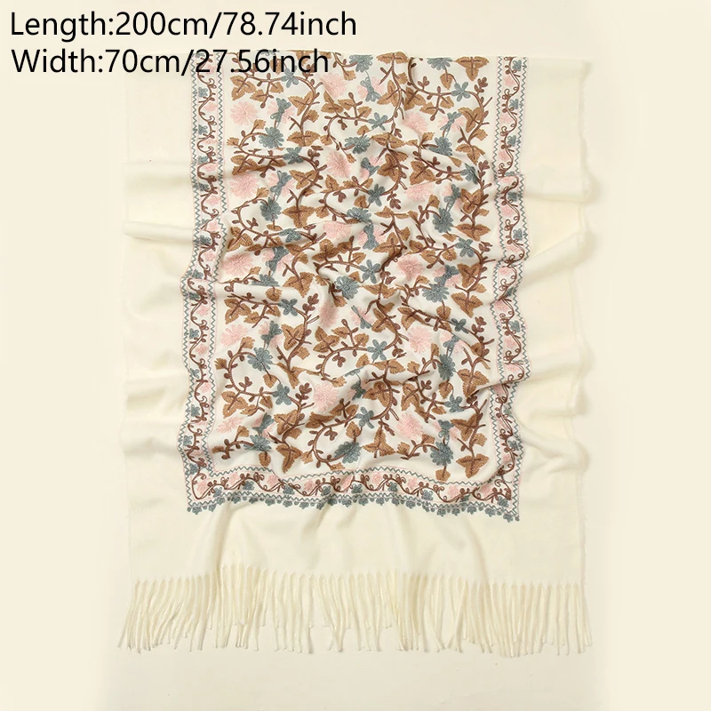 Winter Imitation Cashmere Shawl Thickened Tassel Scarf Floral Embroidery Pashmina For Women Warm Wraps Elegant Scarves 200*70cm