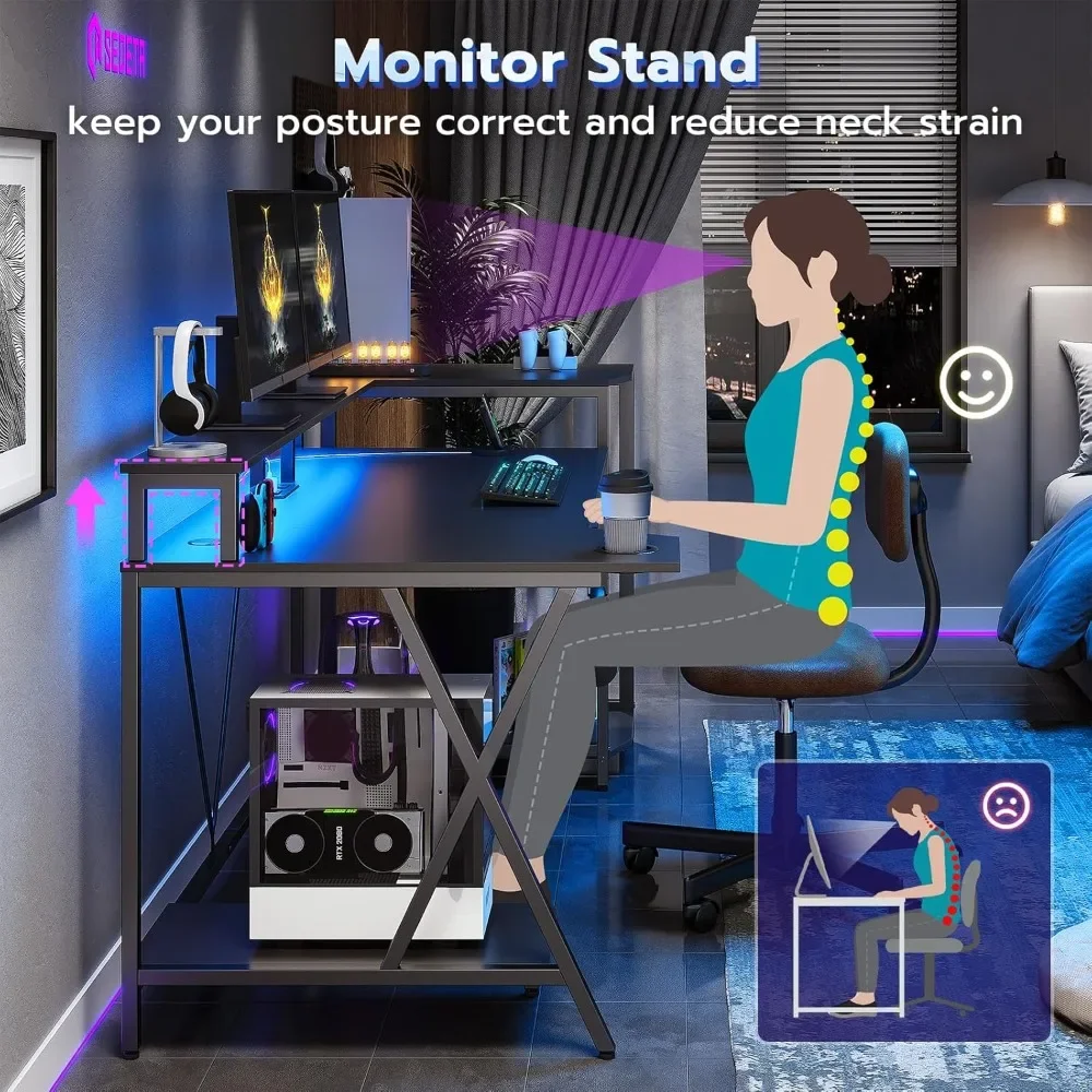 مكتب ألعاب مقاس 55 بوصة مزود بمصابيح LED وأرفف تخزين، ومكتب كمبيوتر مع حامل شاشة، ومنافذ طاقة وحامل أكواب #6