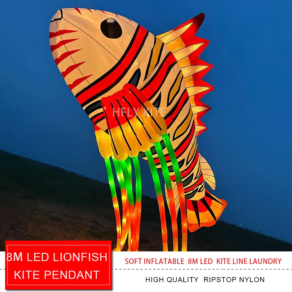 New Arrival Soft Inflatable Giant 8m Lionfish LED Kite Line Laundry for Adults High Quality Ripstop Nylon Night Light Kites