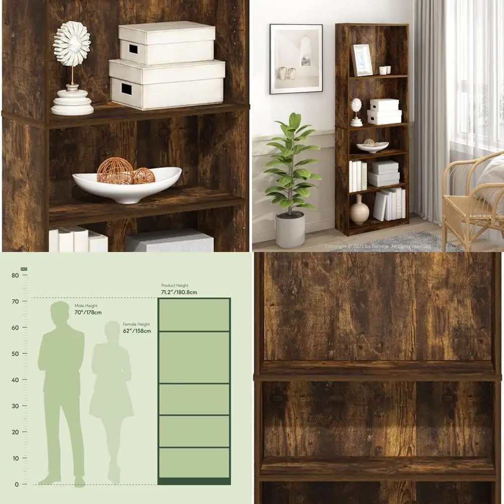 

5-ярусная регулируемая книжная полка янтарной сосны, 9,5 x 24,5 x 71,2, органайзер для хранения вещей для гостиных и офисов