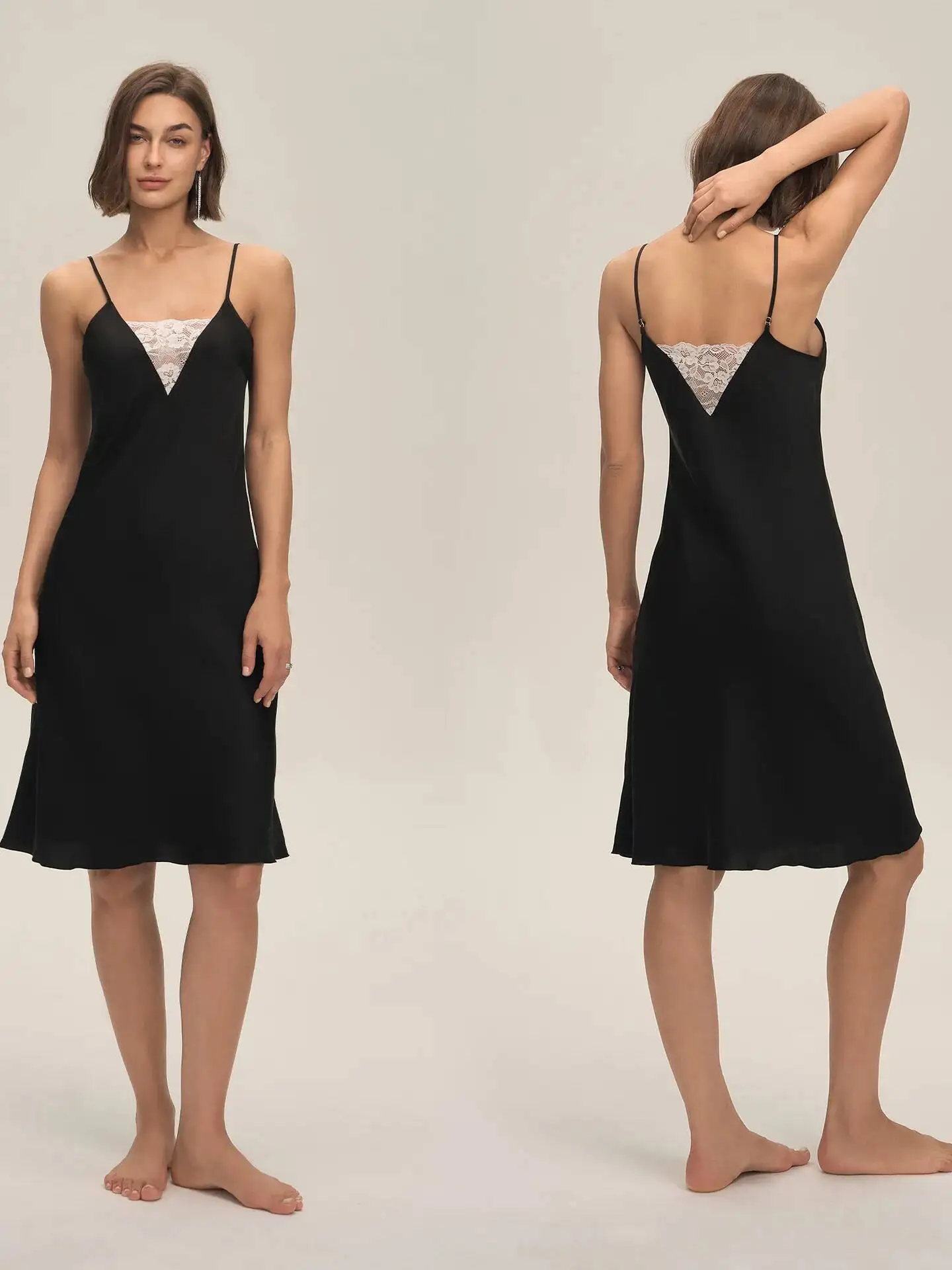 新しい女性の夏のパジャマサテンシフォンホームウェア胸レースパッチワークセクシーなストラップバックレスソリッドカラーミニドレスチャーミング T4PD