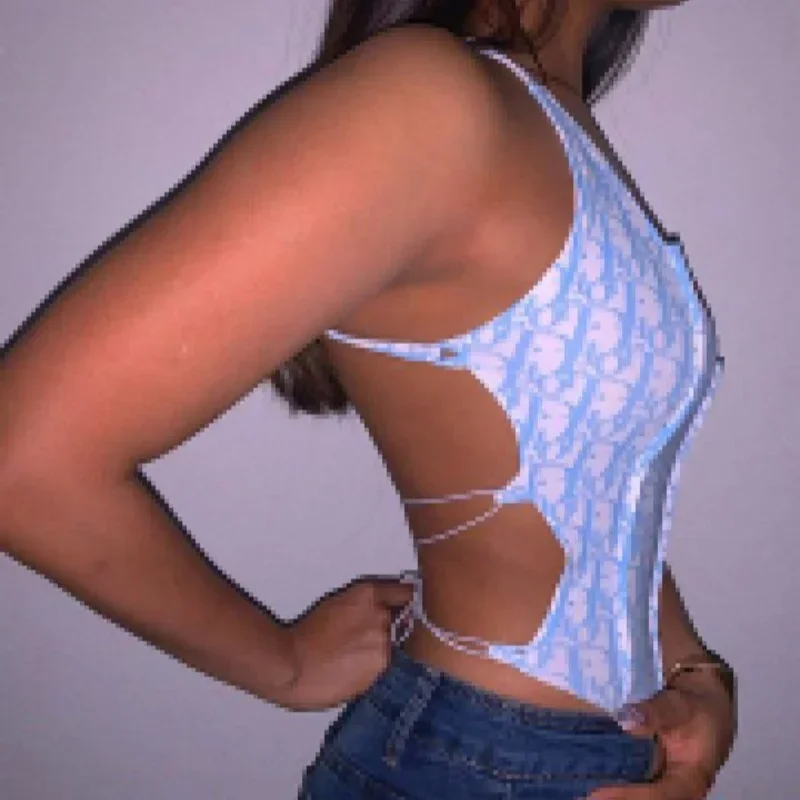 2024 Summer Tank Top Small Hanging Strap Open Back Spicy Girl Sexy Strap Nightclub Blue Pink Short Off Shoulder Top