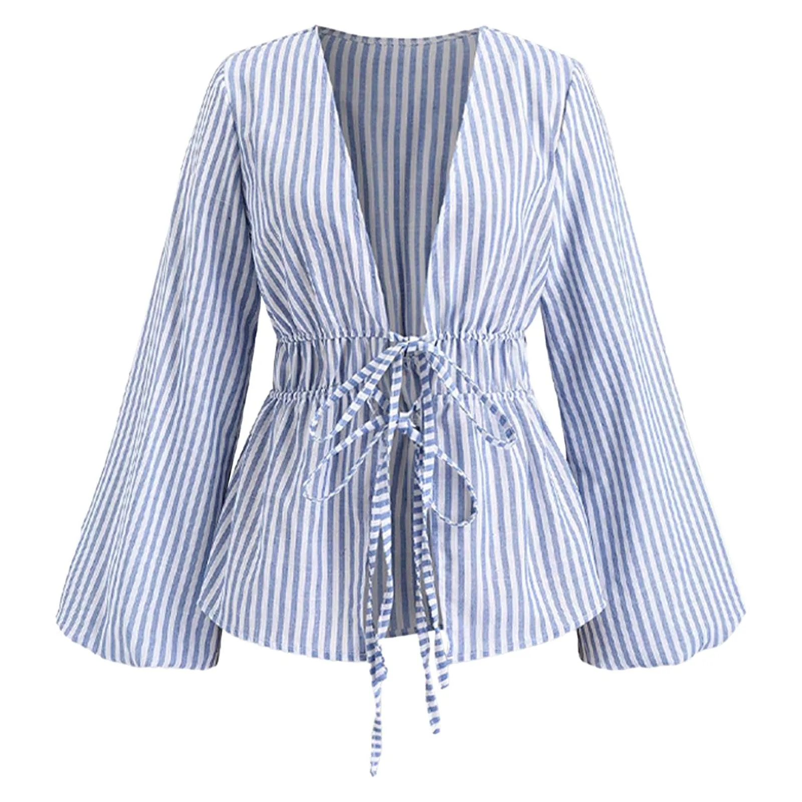 Womens Striped Lace-up Shirt Top Front Open with Double Tying Long Sleeve V Neck Blouse Top for Office Work Daily Vacation