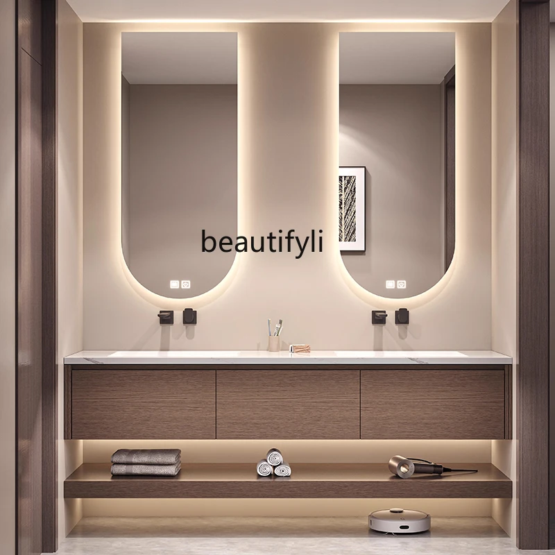 

basin cabinet, rock slab hot bending seamless ceramic integrated basin, light luxury solid wood, bathroom cabinet
