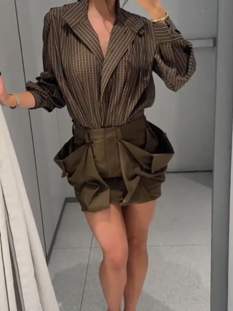 

HH Female Spring Fashion Big Pocket Pleated Decoration Brown Solid Short Skirt Women Temperament Mid-Waist Workwear Mini Skirt