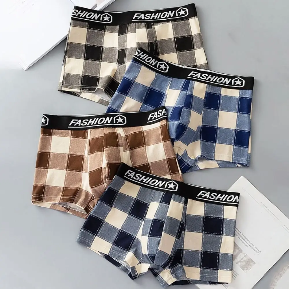 

5PCS Breathable Striped Grid Men Underwear Plaid Mid-Waist Boxer Shorts Male Lingerie Elastic Seamless Panties Male