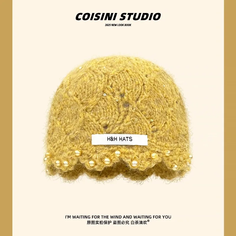 Ins الحلو اللؤلؤ الترتر تصميم بيني ملونة للنساء الخريف والشتاء الدافئة تنوعا موضة عادية بلوفر مغزول القبعات