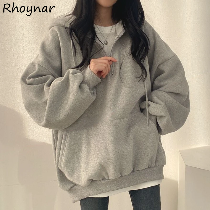 

Plus Velvet Hoodies for Women Autumn Winter Zip Up Baggy Simple BF Harajuku Leisure College All-match Stylish Pure Color Popular