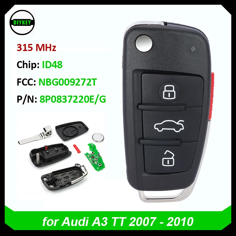 DIYKEY Flip Remote Car Key Fob 4 pulsanti per Audi A3 TT 2007 2008 2009 2010 315MHz ID48 Chip 8 p0 837 220E/muslimah