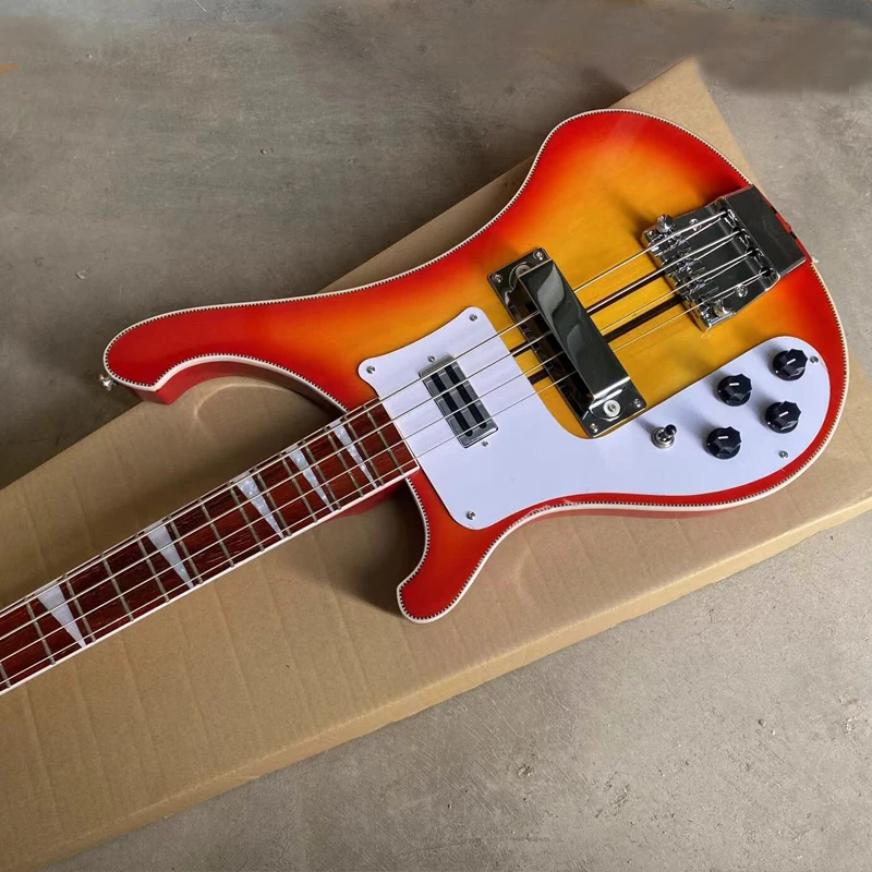 In Stock Neck Thru Body Left Handed Electric Bass Guitar, 4 String Cherry Sunburst Bass, Adjustable Bridge, Checkerboard Binding