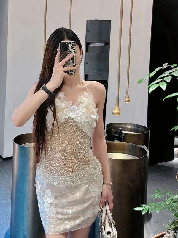 

Sexy Spicy Girl Beaded Strap Vest Skirt Bodycon f-length ort Set See-tough Heavy-du Faionable Autumn Outfit
