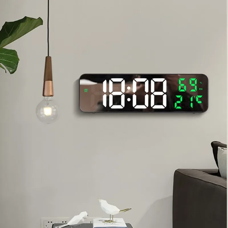 Reloj de pared Digital grande de 9 pulgadas, temperatura, humedad, modo nocturno, repetición, versión enchufable USB de 12/24H, despertador LED electrónico