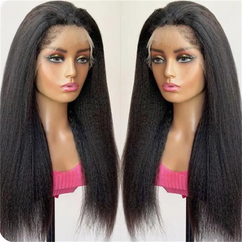 

Long Natural Black 30Inch Soft Yaki Kinky Straight Lace Front Wig For Women With Baby Hair Synthetic Preplucked Glueless Daily