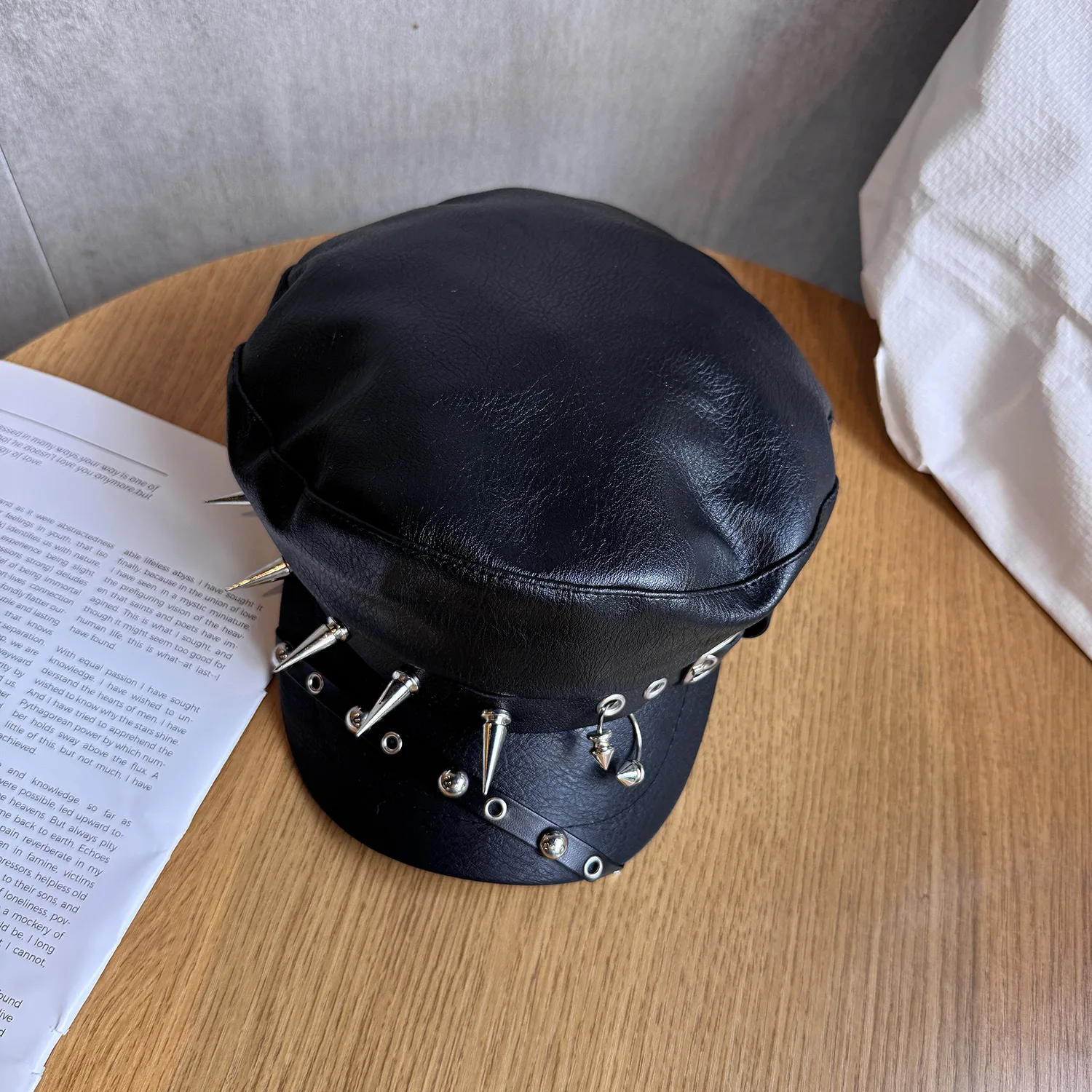 Anime Cosplay Black PU Hat Rivets Decorated Trendy Role-playing Street Style Casual Leather Hat 2