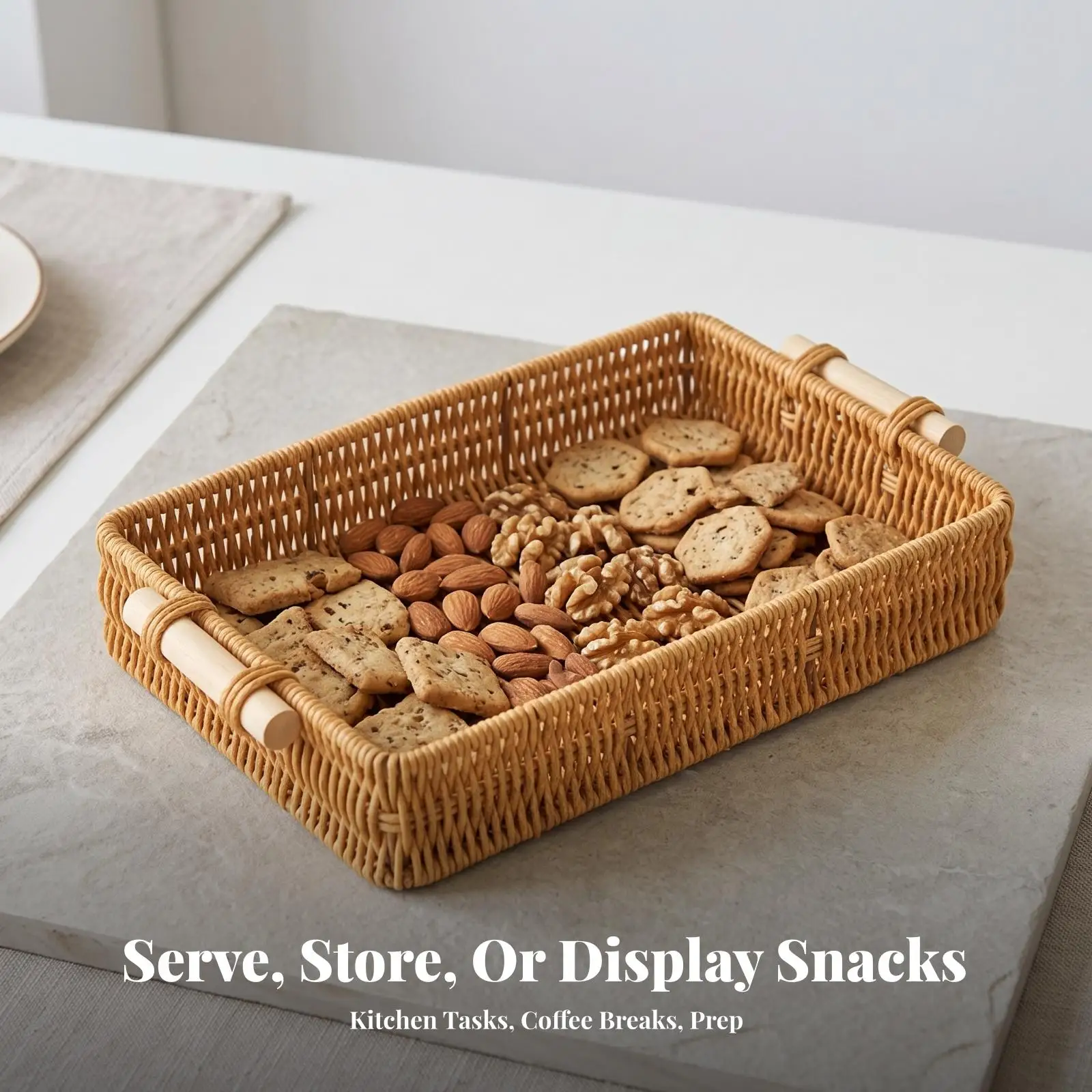 Handwoven Imitation Rattan Serving Tray with Handles for Rustic Kitchen Table Decorative Organizer