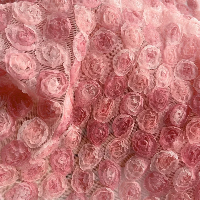 Pink Small Rose Three-dimensional Flower Mesh Creative Embroidery Shawl Dress Fluffy Skirt Clothing Designer Fabric