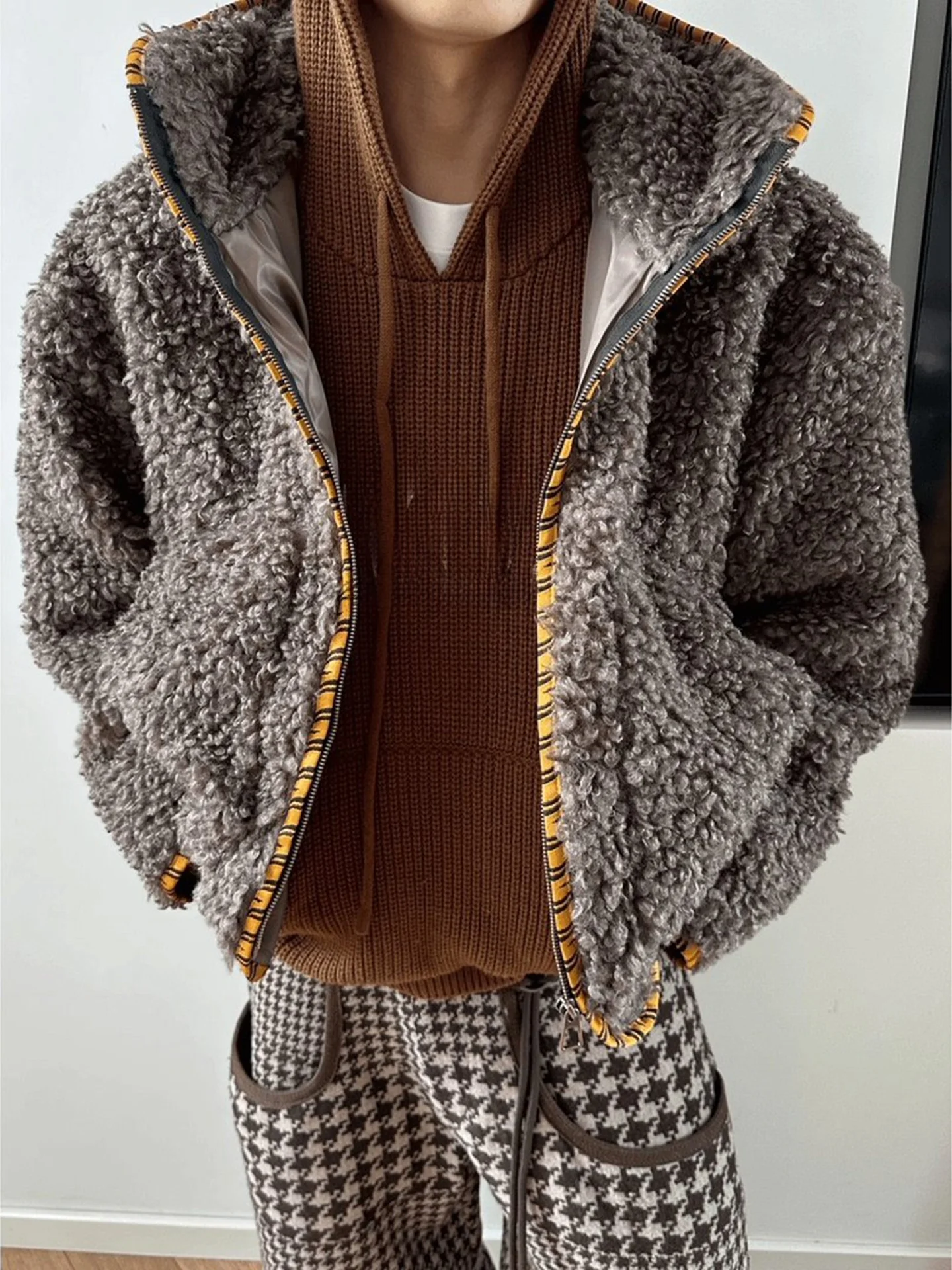 

Thiened Lamb Fur Jaet Men's Winter Hooded Cotton Coat Retro Fce Youth ular Loose Fit Long Sve Warm Pure Color