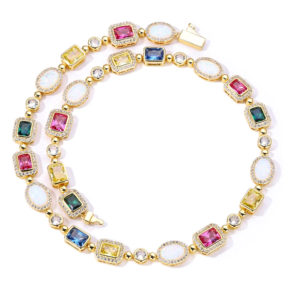 Rainbow Geometric Bling CZ Stone Chain Necklace Multicolor Round Oval Gemstone White Gold Plated Choker for Women Men