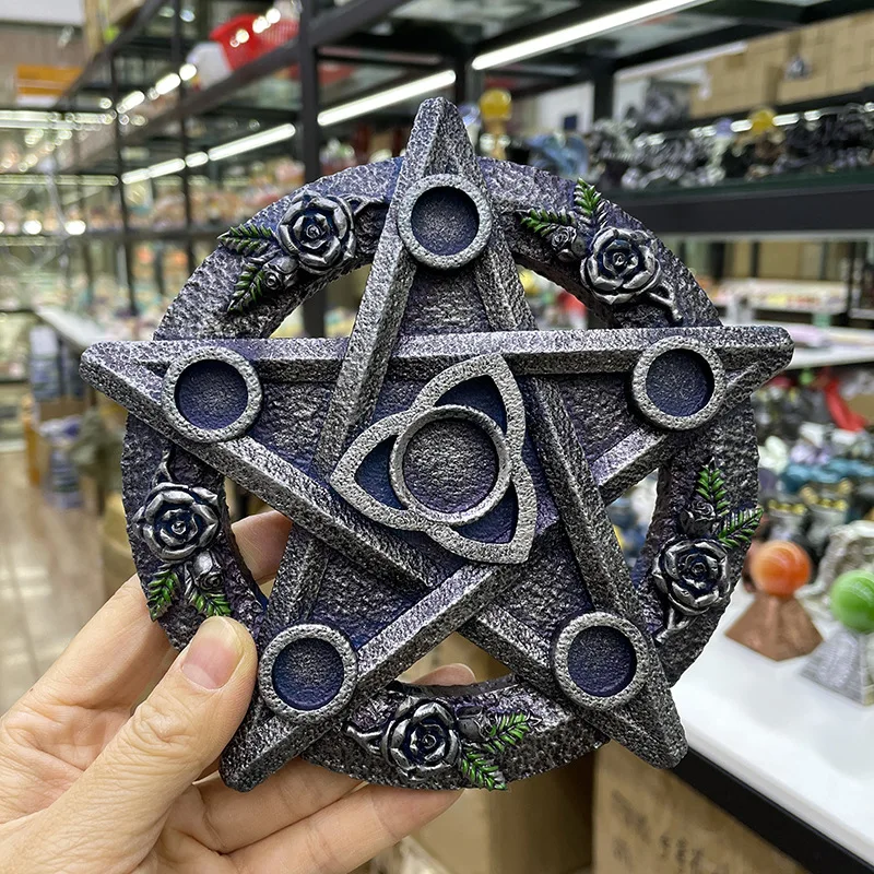 

Resin Rose Flower Pentagram Crystal Ball Base Six Star Array Energy Goddess of The Earth Altar Divination Candle Holder Crafts