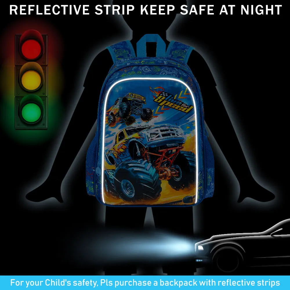 Ransel Truk Anak Laki-laki 3 Buah, Tas Buku Mobil Anak dengan Kotak Makan Siang, Tas Sekolah Tahan Air untuk Balita Prasekolah Dasar