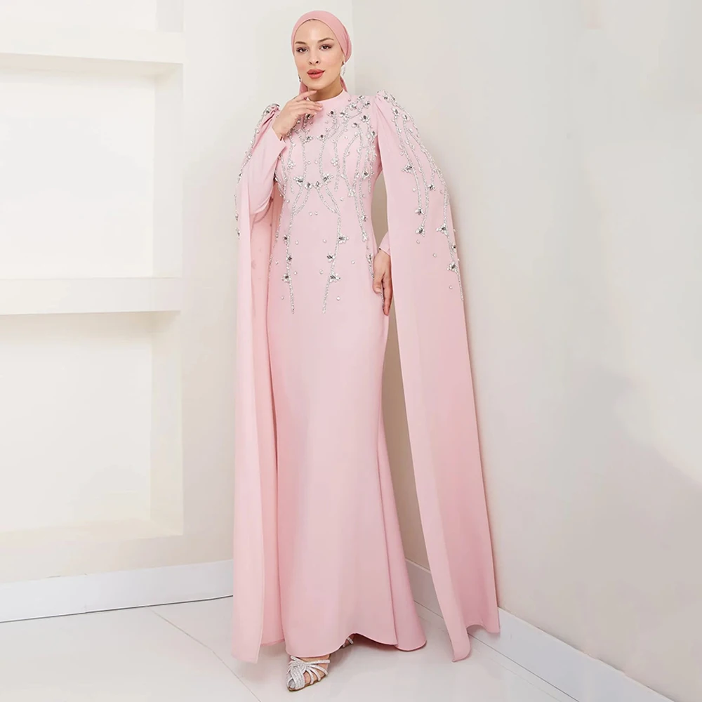 Islamisches Abendkleid, maßgeschneidert, Stehkragen, volle Ärmel, Cape, Kristallperlen, formelles Abendkleid, Hochzeits-Party-Kleider