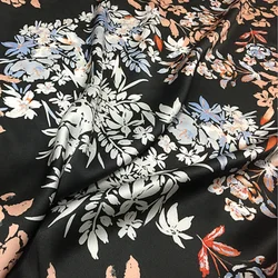 1 meter 100% Mulberry Silk 16 momme Charmeuse Silk Fabric Black with Floral Print 140cm 55