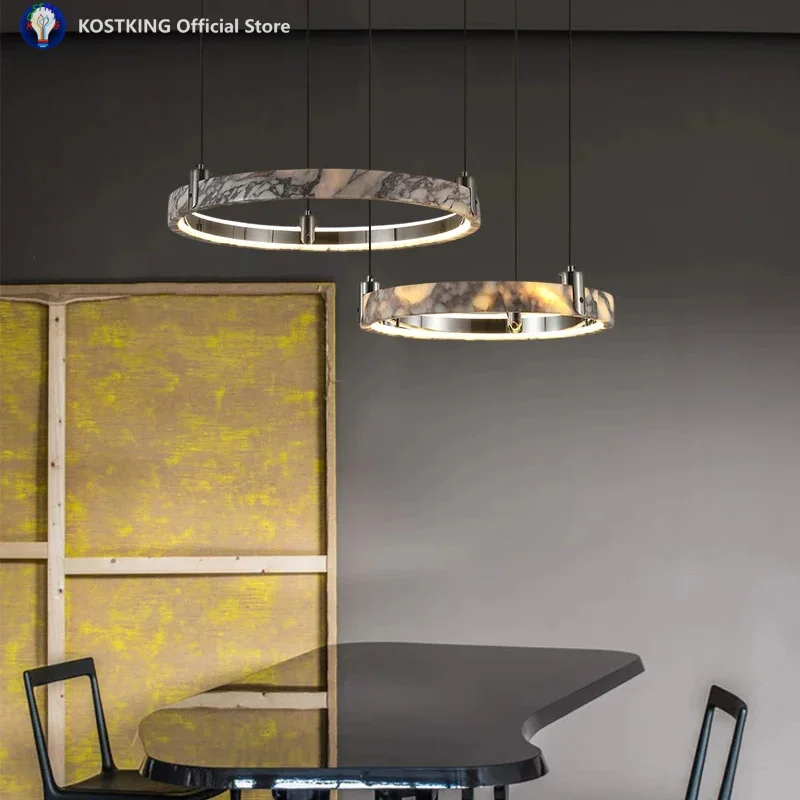 Adjustable Dimmable LED Marble Ring Pendant Light Alabaster Pendant Lamp For Dining Rooms Modern Minimalist Lighting Fixture