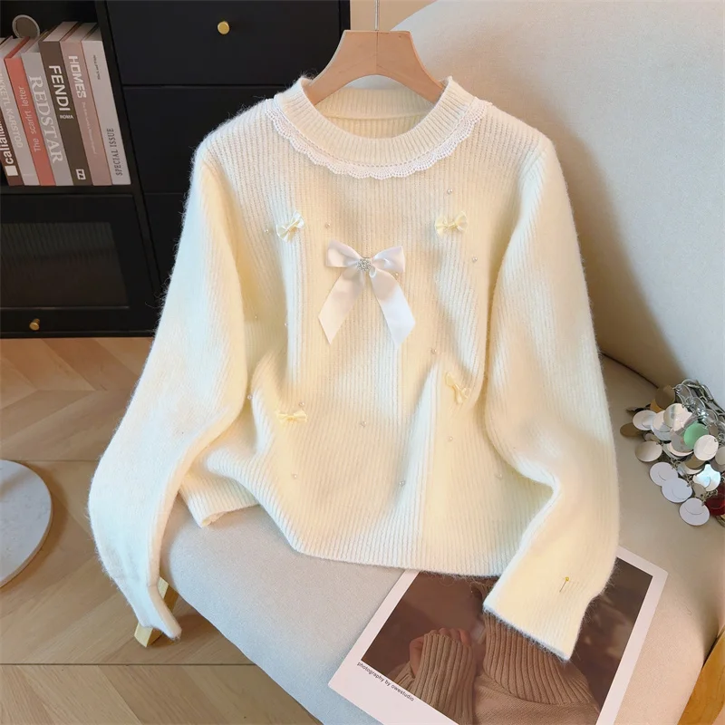 여성용 퍼플 O넥 풀오버 리본 스웨터 빈티지 점퍼 니트 긴 소매 캐시미어 스웨터 가을 겨울 2000년대 의류