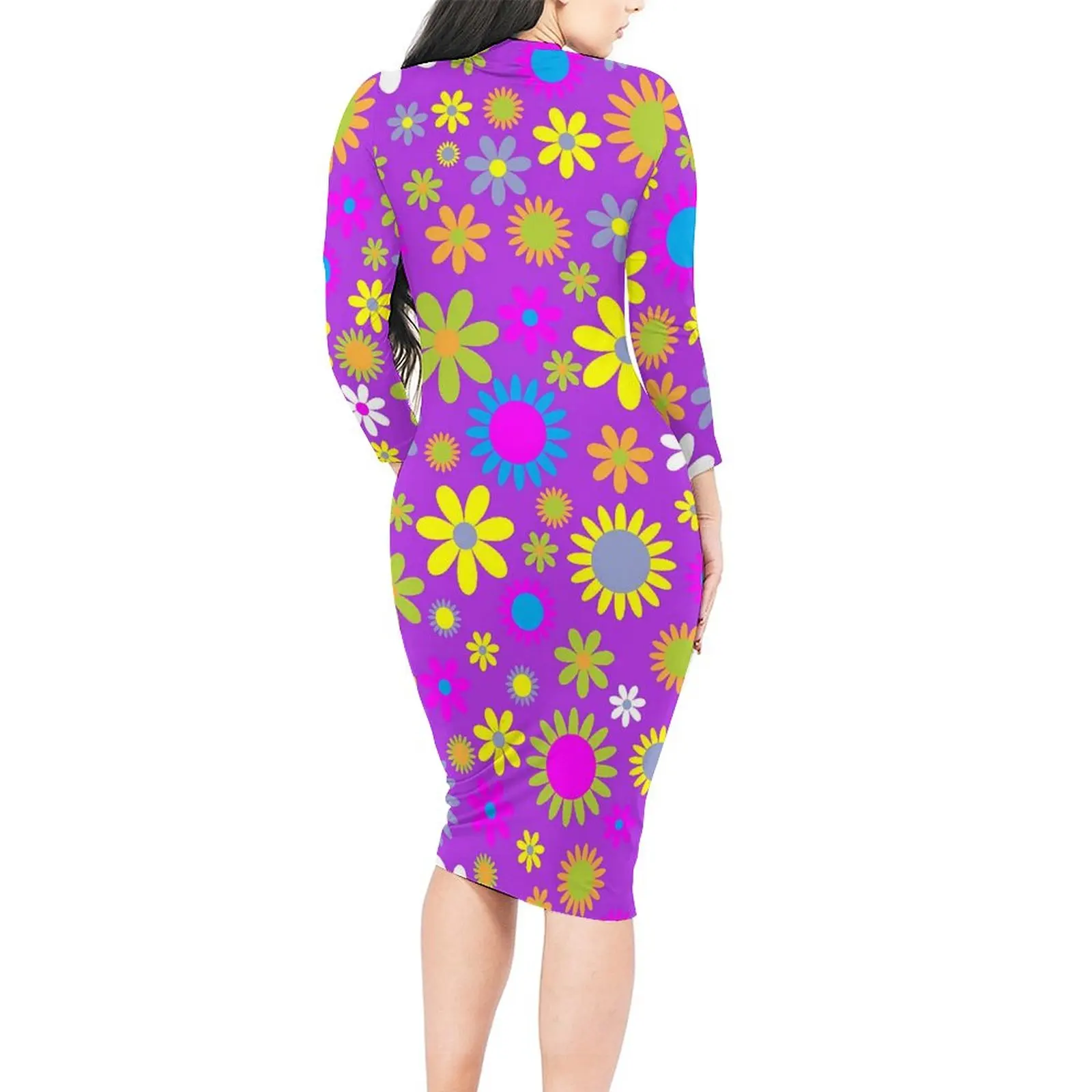 Flower Power Dress Long Sleeve Retro 1960s Elegant Dresses Spring Ladies Street Fashion Graphic Bodycon Dress 3XL 4XL 5XL