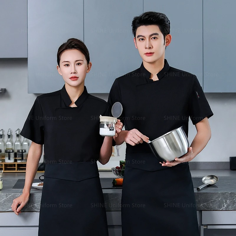 ผู้ชายแขนสั้น Chef ชุดครัวแจ็คเก็ตผ้ากันเปื้อนสีขาวเสื้อผ้าทํางานโลโก้ Chef กางเกงขาสั้นฤดูร้อน Breathable ร้านอาหาร Chef Coat