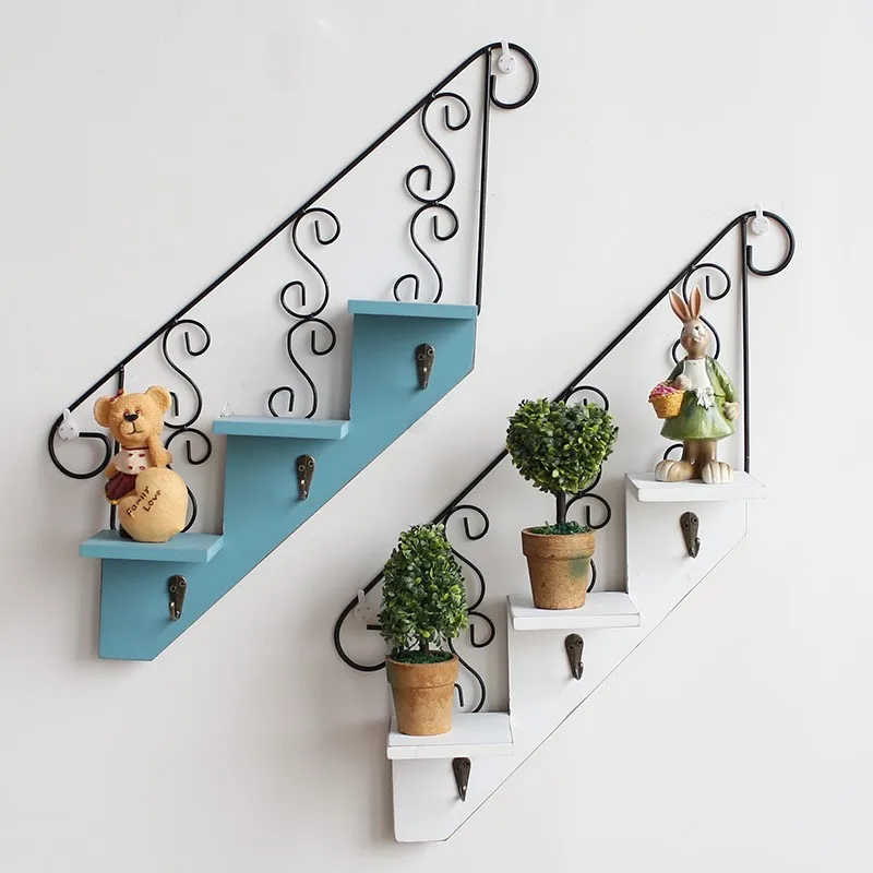 Home Decorative wall shelves Wooden Wall hanging Staircase Storage Rack Hook For Display Bookshelf Ornament Flower Pot
