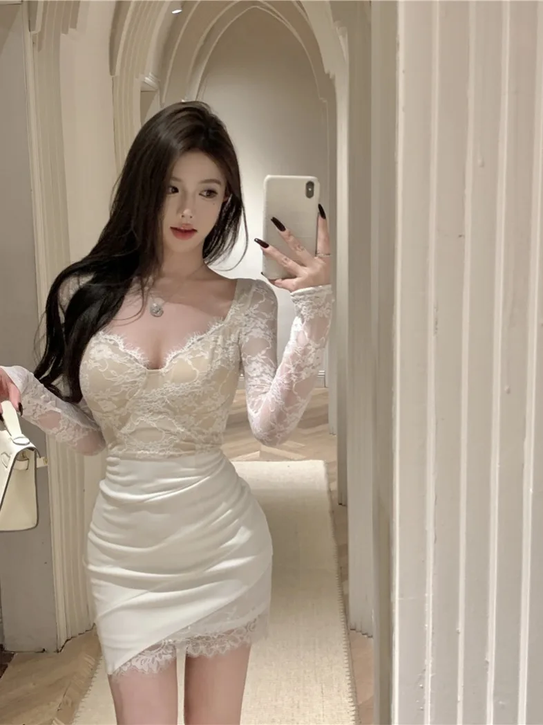 Retro V-Ne Lace Trim Waist Cinched Asymmetrical ort Dr Autumn Slimming Fit Korean Sle Long Sve A-Line Skirt