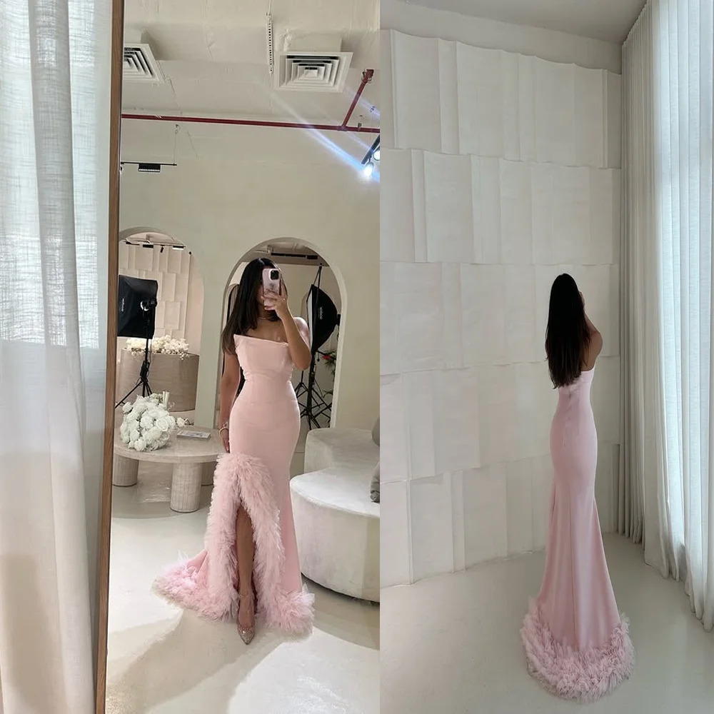 

One Shoulder Satin Solid Tiered Formal Evening Dress Sexy Mermaid Side Split Party Gown with Train Custom Made