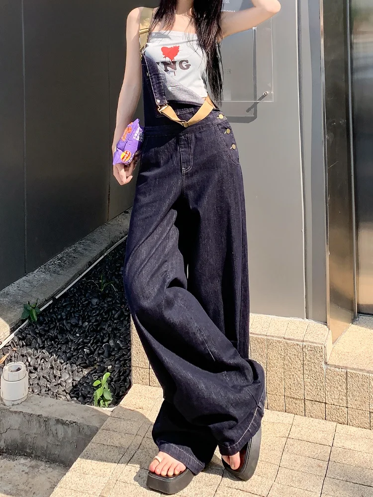 Damskie ogrodniczki jeansowe z szerokimi nogawkami, przeciwstarzeniowe, w kolorze głębokiego błękitu, luźny krój, jesień, moda, wysoki stan, błękitne szelki, długość do podłogi, jednoczęściowe.