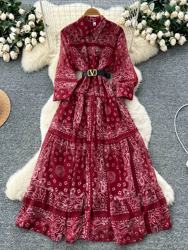 Spring Autumn French Retro Fashion Printed Single Breasted Dress for Women's New Fashion 7-inch Sleeve Ethnic Dress Female Y28