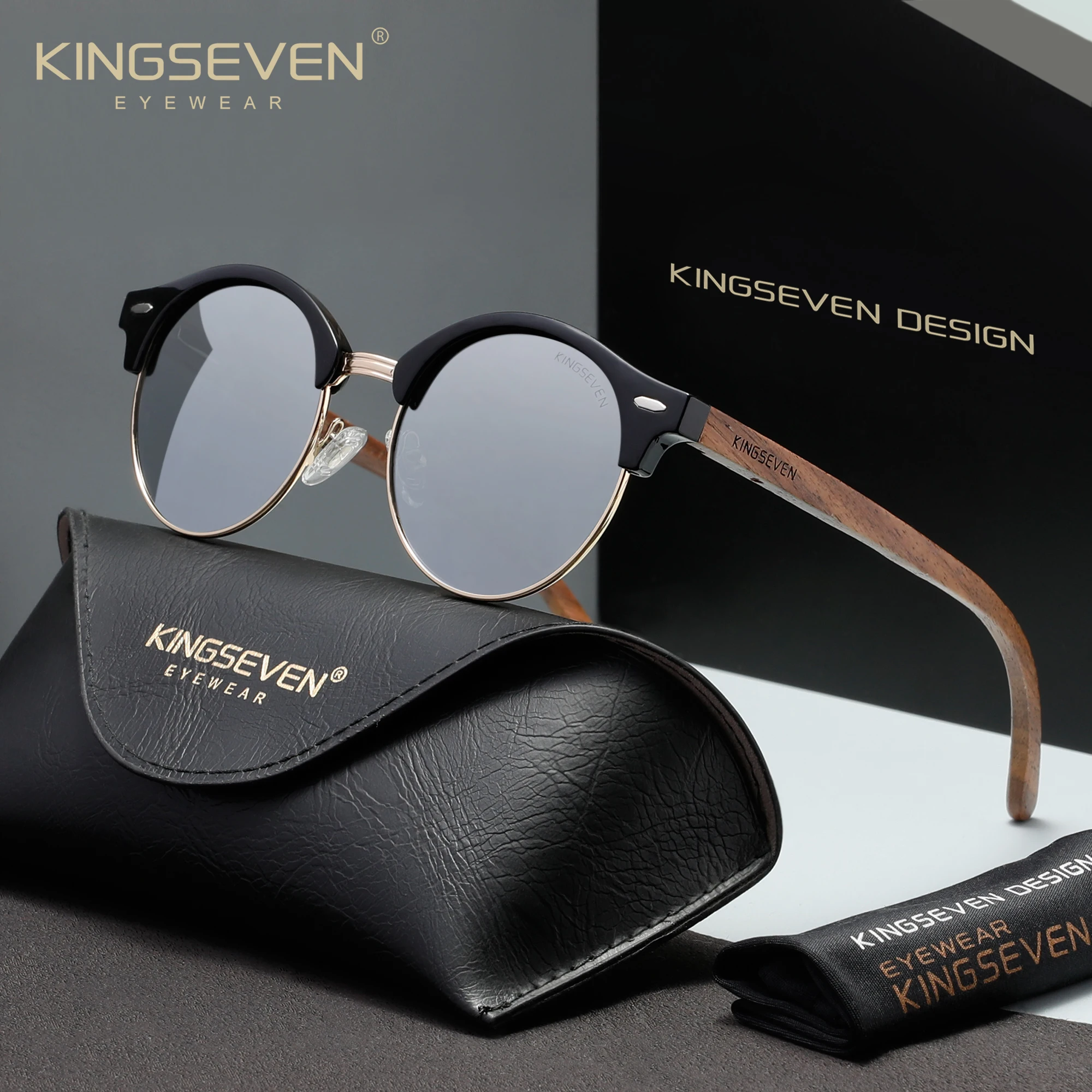 KINGSEVEN Black Walnut Wooden Sunglasses Women Men Polarized Vintage UV400 Travel Eyewear