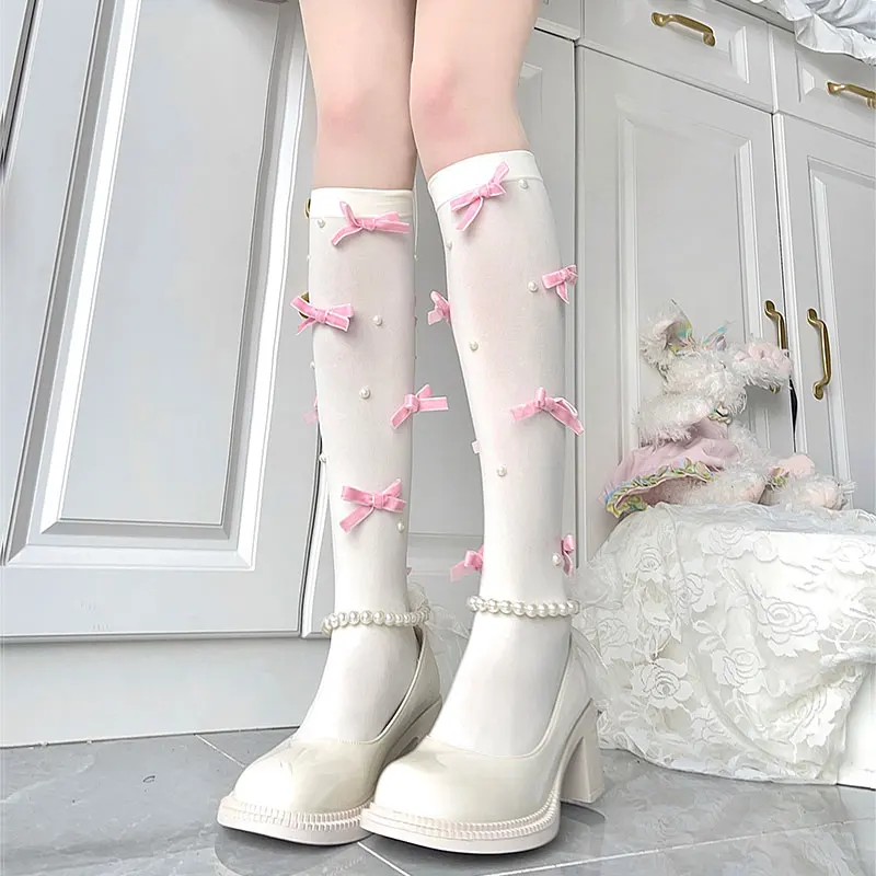 

Lolita Socking Thin Y2k Girls Young Socks Bow Pearl Pink White Elegant Women Accessory Sweet Princess Knee-high Stocking