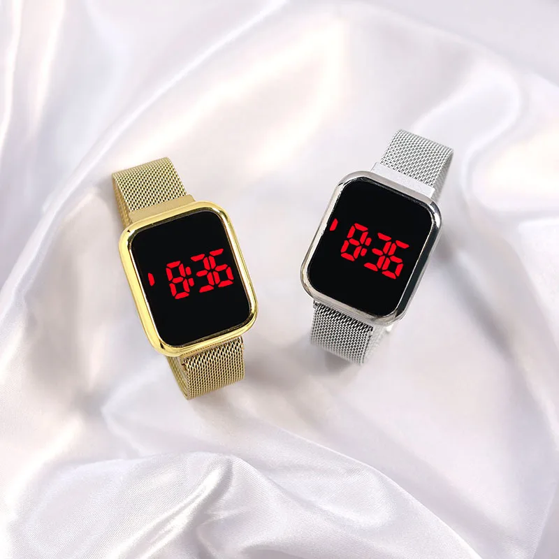 Простые цифровые часы для женщин, роскошные светодиодные часы с магнитным металлическим сетчатым ремешком, спортивные модные женские электронные часы