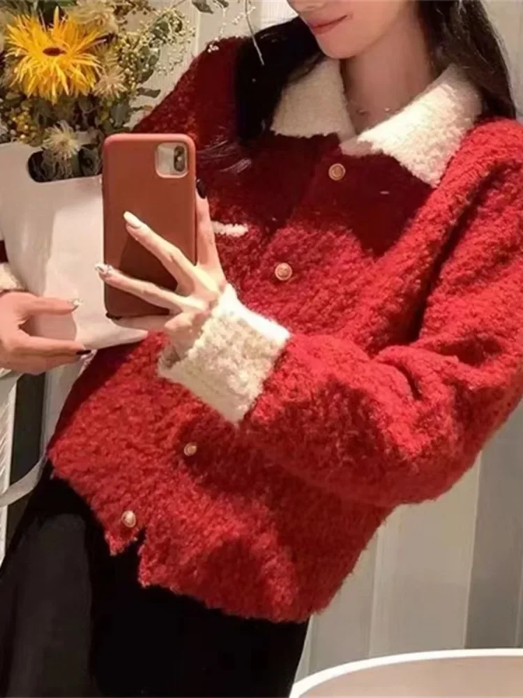 Korean Sueter Mujer Knitting Cardigan Jackets for Women Contrast Color Preppy Style Pull Femme Vintage Pocket Knitwear Sweater