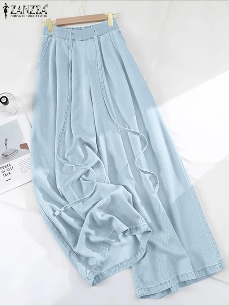 

ZANZEA Casual Loose Wide Leg Pants Lace-Up Pockets Trousers 2025 Fashion OL Work Summer Bottoms S-3XL Oversized Solid Capris