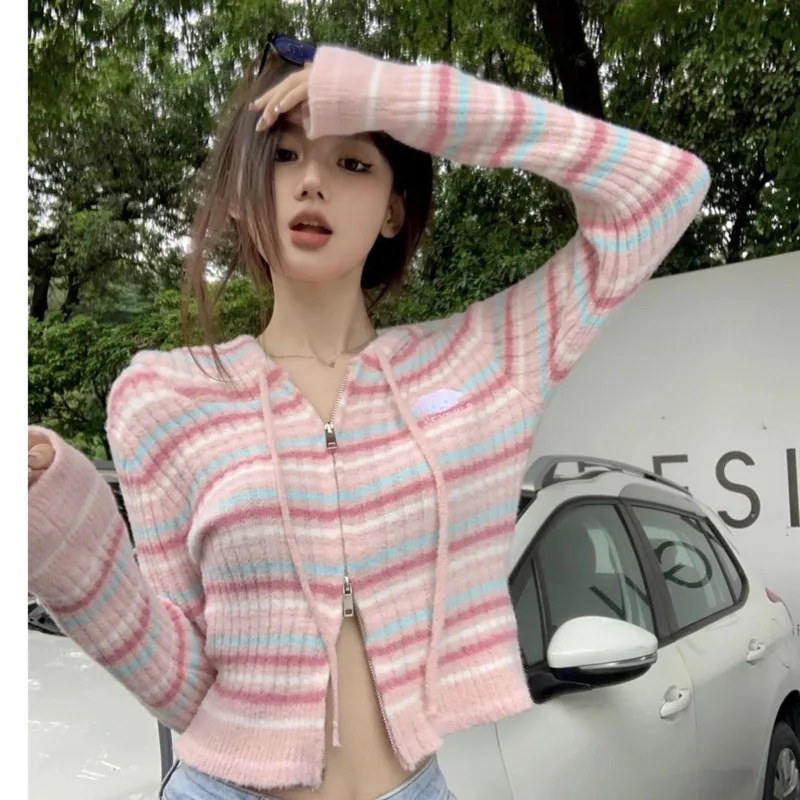 Korean Fashion Style Vintage Cardigan Women Long Sleeve Sweaters Y2k Sexy Autumn Clothes Knit Zip-up Striped Outerwear Crop Top