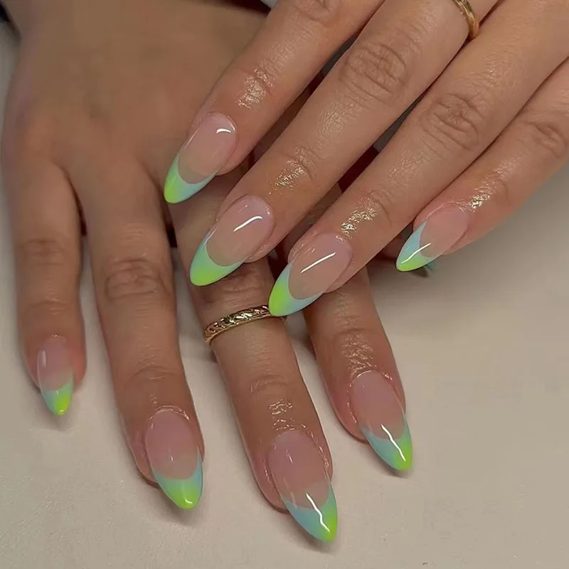 Prensa Acrílica em Unhas com Manicure de Cobertura Completa, Pontas Baratas, Unha Falsa Média, Ferramentas de Cobertura Completa, Moda Francesa, Verde Amêndoa, 24Pcs, Verão