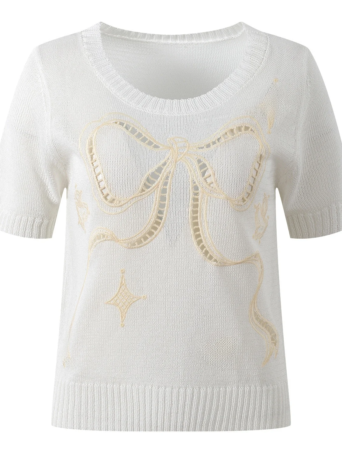 

Новинка лета 2026: Женский вязаный топ с вышивкой, цветными блоками, вырезами и узлами, короткий рукав, круглый вырез горловины.